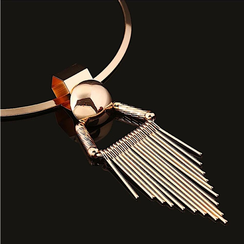 Gold Tassel Fringe Statement Choker Necklace Earrings - Picture 8 of 8